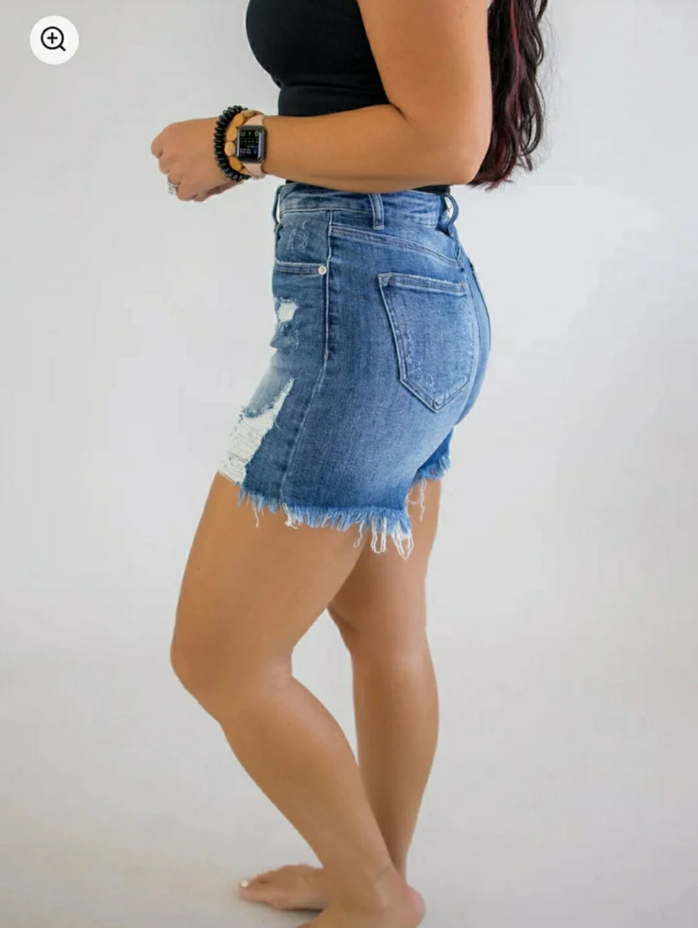 RISEN DISTRESSED MID THIGH DENIM SHORTS - Picture 3 of 8